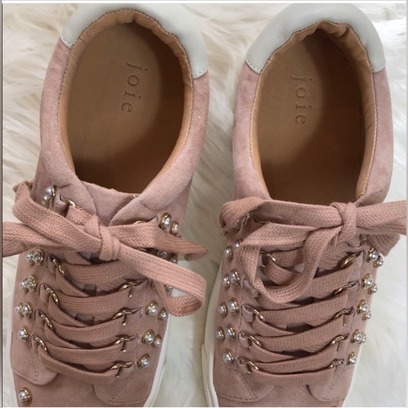 Women's Pink Suede Sneakers with Pearl Accents - Picture 4 of 5